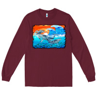 Burgundy humpback whale and wave background Long Sleeve Tee - BarkalooDesign