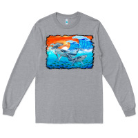 Heather Grey humpback whale and wave background Long Sleeve Tee - BarkalooDesign