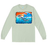 Matcha humpback whale and wave background Long Sleeve Tee - BarkalooDesign