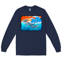 Navy humpback whale and wave background Long Sleeve Tee - BarkalooDesign