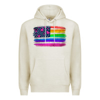 Oatmeal Heather american flag and lgbt flag  background Premium Hoodie - HRA Design Shop