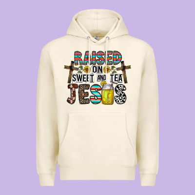 Raised On Sweet And Tea Jesus Premium Hoodie Designed By Cowhidedigitalart
