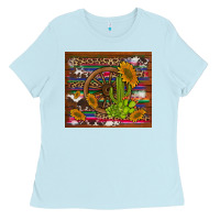 Baby Blue cactus and sunflowers with old wheel serape leopard cowhide background Ladies Tee - Artiststas