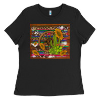 Black cactus and sunflowers with old wheel serape leopard cowhide background Ladies Tee - Artiststas