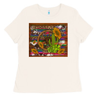 Bone cactus and sunflowers with old wheel serape leopard cowhide background Ladies Tee - Artiststas