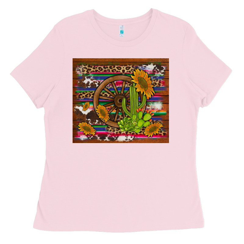Cactus And Sunflowers With Old Wheel Serape Leopard Cowhide Background Ladies Tee by Artiststas | Teevron
