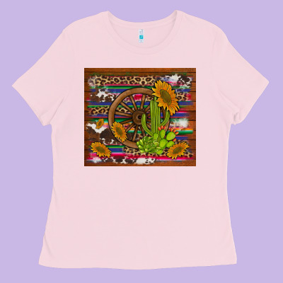 Cactus And Sunflowers With Old Wheel Serape Leopard Cowhide Background Ladies Tee Designed By Artiststas