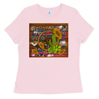 Bubblegum Pink cactus and sunflowers with old wheel serape leopard cowhide background Ladies Tee - Artiststas
