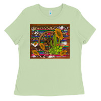Matcha cactus and sunflowers with old wheel serape leopard cowhide background Ladies Tee - Artiststas