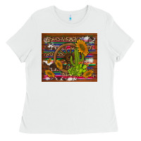 White cactus and sunflowers with old wheel serape leopard cowhide background Ladies Tee - Artiststas
