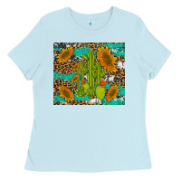 Baby Blue cactus and sunflowers turquoise leopard cowhide Ladies Tee - Artiststas