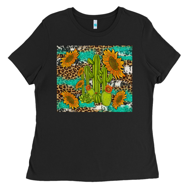 Cactus And Sunflowers Turquoise Leopard Cowhide Ladies Tee by Artiststas | Teevron