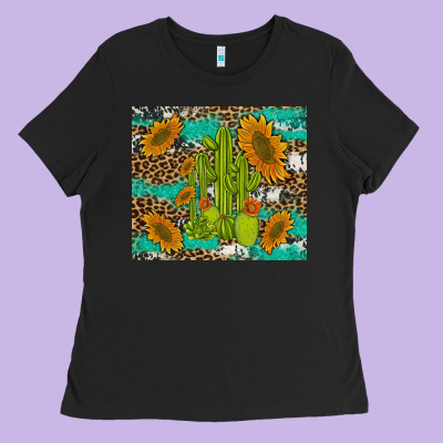 Cactus And Sunflowers Turquoise Leopard Cowhide Ladies Tee Designed By Artiststas