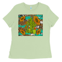 Matcha cactus and sunflowers turquoise leopard cowhide Ladies Tee - Artiststas