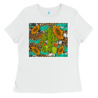 White cactus and sunflowers turquoise leopard cowhide Ladies Tee - Artiststas