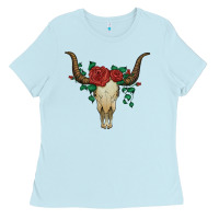 Baby Blue bull skull with roses Ladies Tee - Artiststas