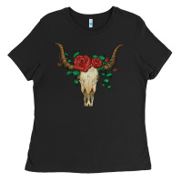 Black bull skull with roses Ladies Tee - Artiststas