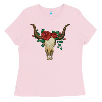 Bubblegum Pink bull skull with roses Ladies Tee - Artiststas