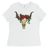 White bull skull with roses Ladies Tee - Artiststas