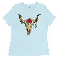 Baby Blue bull skull with rose and flowers Ladies Tee - Artiststas