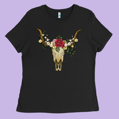 Bull Skull With Rose And Flowers Ladies Tee Designed By Artiststas