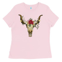 Bubblegum Pink bull skull with rose and flowers Ladies Tee - Artiststas