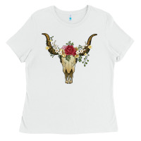 White bull skull with rose and flowers Ladies Tee - Artiststas