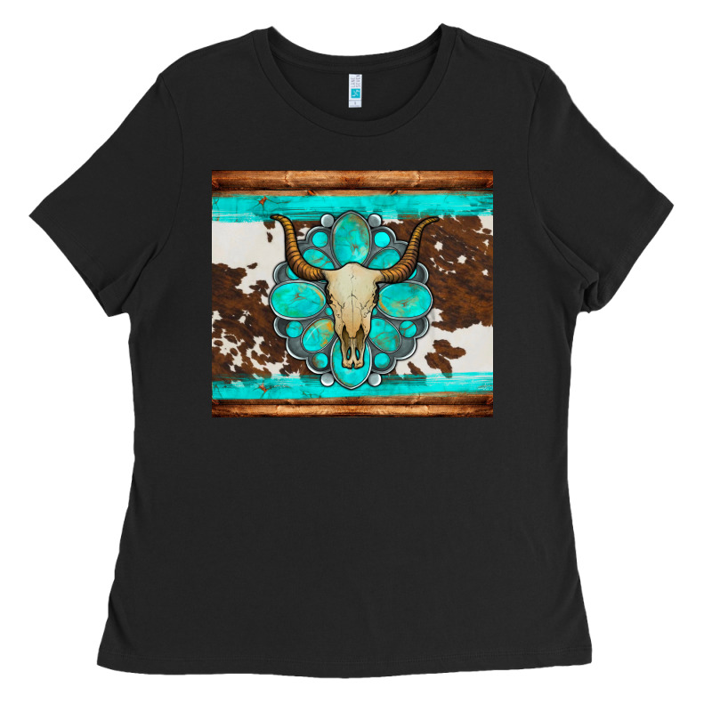 Bull Skull And Turquoise Cowhide Tumbler Ladies Tee by Artiststas | Teevron