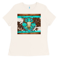 Bone bull skull and turquoise cowhide tumbler Ladies Tee - Artiststas