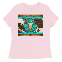 Bubblegum Pink bull skull and turquoise cowhide tumbler Ladies Tee - Artiststas