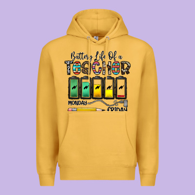 Battery Life Of A Teacher Monday Friday Premium Hoodie Designed By Cowhidedigitalart