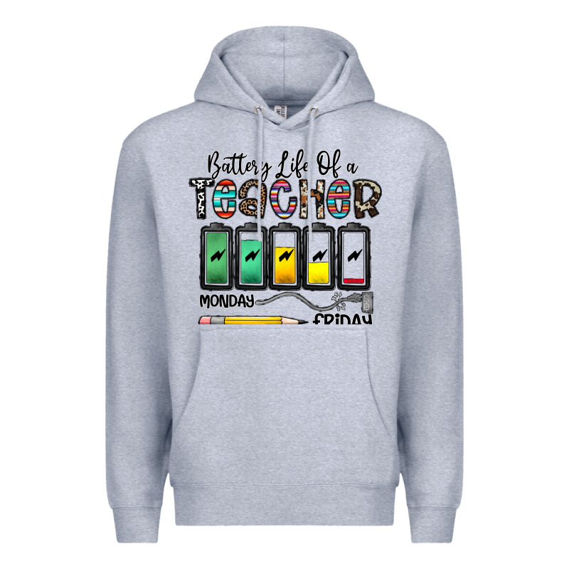 Battery Life Of A Teacher Monday Friday Premium Hoodie by CowhideDigitalArt | Teevron