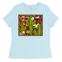Baby Blue aztec cowhide cactus background Ladies Tee - Artiststas