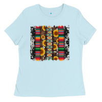 Baby Blue cowhıde aztec serape wıth leopard and sunflowers brushstroke Ladies Tee - Artiststas