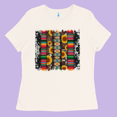 Cowhıde Aztec Serape Wıth Leopard And Sunflowers Brushstroke Ladies Tee Designed By Artiststas