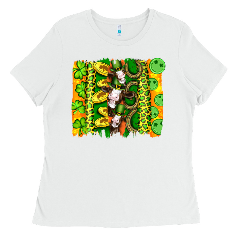 St Patricks Cow And Coin Wıth Clovers And Leopard Brushstrokes Ladies Tee by Artiststas | Teevron