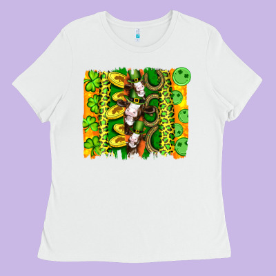 St Patricks Cow And Coin Wıth Clovers And Leopard Brushstrokes Ladies Tee Designed By Artiststas