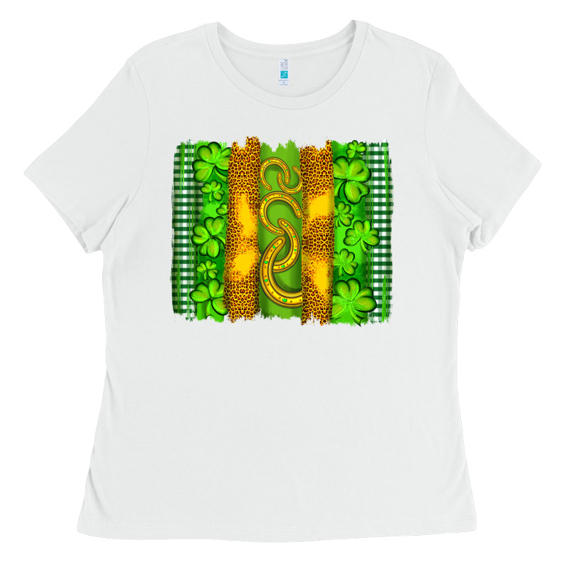 Saint Patricks Horseshoe Shamrock Leopard Glitter Brushstroke Ladies Tee by Artiststas | Teevron