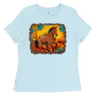 Baby Blue horse with sunflowers turquoise gemstone western sunset leopard backgr Ladies Tee - Artiststas