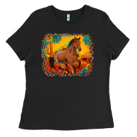 Black horse with sunflowers turquoise gemstone western sunset leopard backgr Ladies Tee - Artiststas