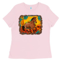 Bubblegum Pink horse with sunflowers turquoise gemstone western sunset leopard backgr Ladies Tee - Artiststas