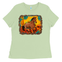 Matcha horse with sunflowers turquoise gemstone western sunset leopard backgr Ladies Tee - Artiststas