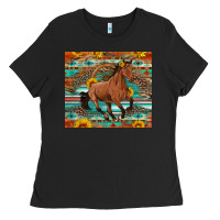Black galloping horse aztec sunflower Ladies Tee - Artiststas