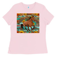 Bubblegum Pink galloping horse aztec sunflower Ladies Tee - Artiststas