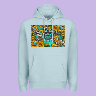 Western Turquoise And Sunflowers Skinny Metal Can Holder Premium Hoodie Designed By Hra Design Shop
