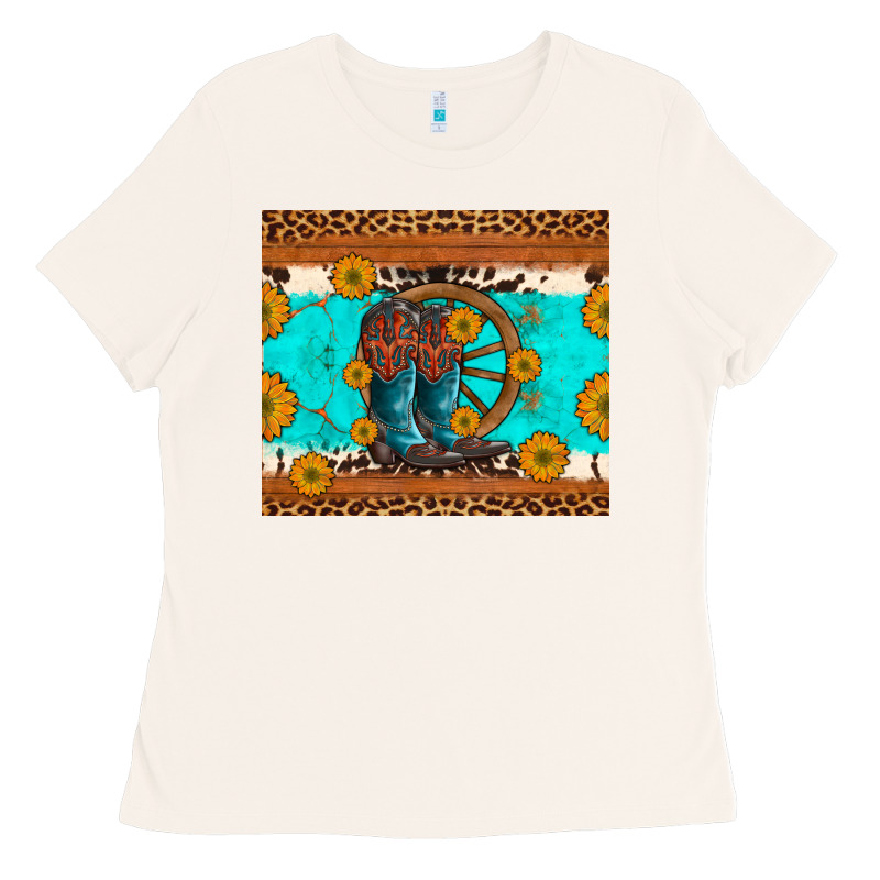 Cowboy Boots And Sunflowers Turquoise Leopard Background Ladies Tee by Artiststas | Teevron