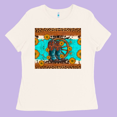 Cowboy Boots And Sunflowers Turquoise Leopard Background Ladies Tee Designed By Artiststas