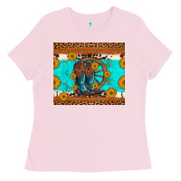 Bubblegum Pink cowboy boots and sunflowers turquoise leopard background Ladies Tee - Artiststas