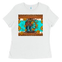 White cowboy boots and sunflowers turquoise leopard background Ladies Tee - Artiststas