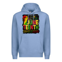 Colony Blue juneteenth fist free ish since 1865 with background Premium Hoodie - HRA Design Shop